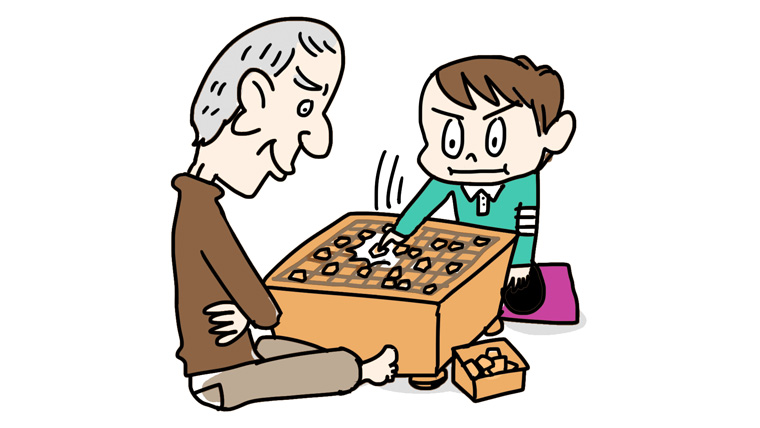 将棋をするおじいちゃんと男の子のイラスト
